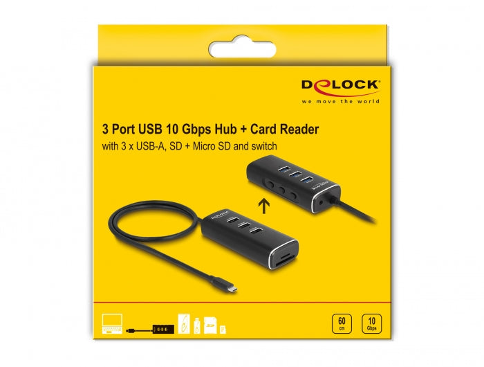מפצל USB-C 10Gbps אקטיבי עם 3 יציאות USB-A + קורא כרטיסים - delock.israel
