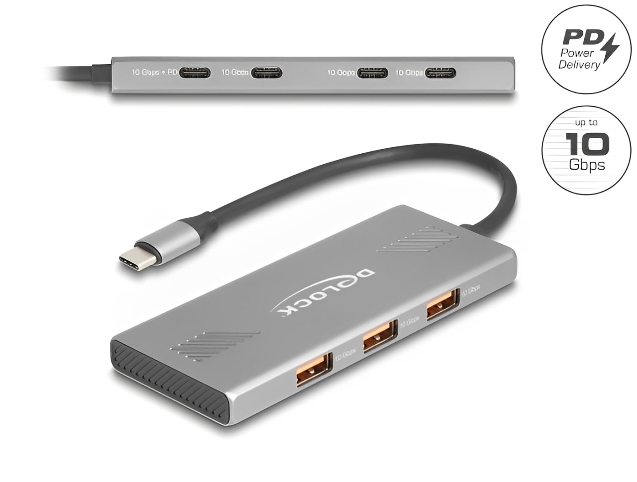 רכזת USB-C 10Gbps האיכותית מבית Delock גרמניה מיועדת לחיבור למחשב נייד או שולחני, ומרחיבה את אפשרויות החיבור עם 3 יציאות USB-A ו-4 יציאות USB-C