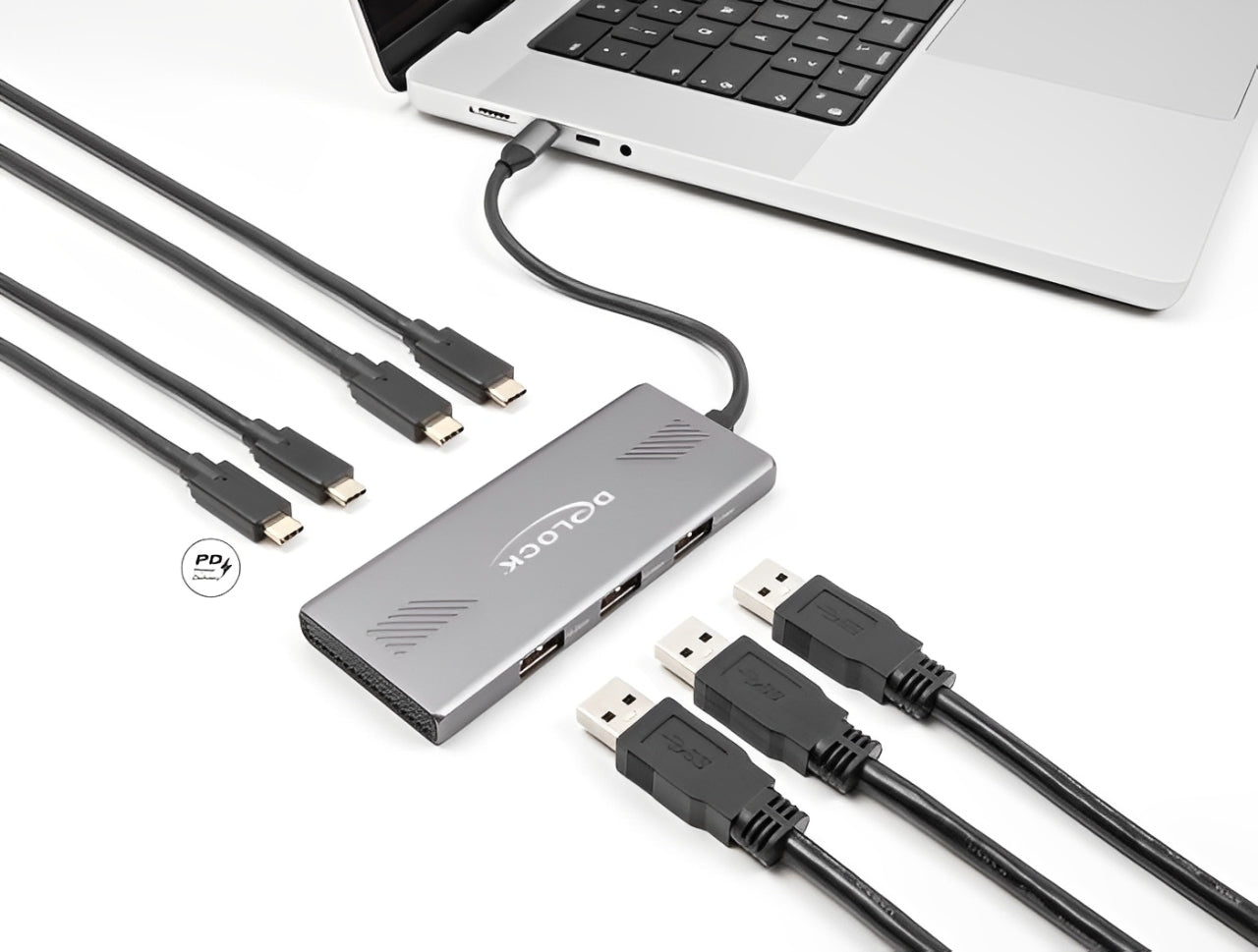 רכזת USB-C 10Gbps האיכותית מבית Delock גרמניה מיועדת לחיבור למחשב נייד או שולחני, ומרחיבה את אפשרויות החיבור עם 3 יציאות USB-A ו-4 יציאות USB-C