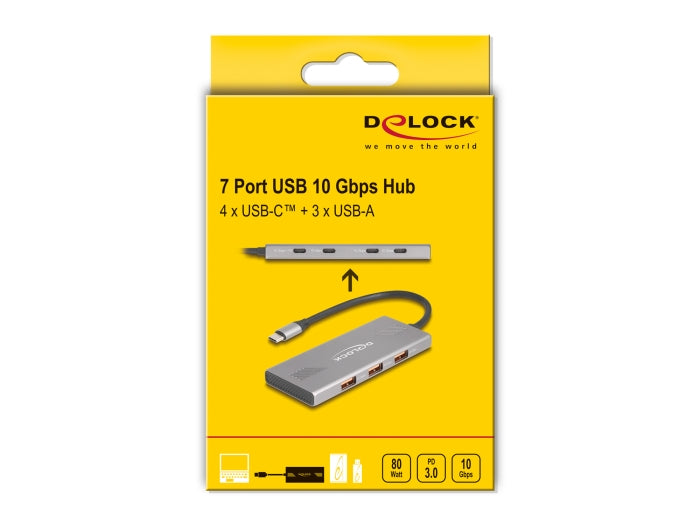 רכזת USB-C 10Gbps האיכותית מבית Delock גרמניה מיועדת לחיבור למחשב נייד או שולחני, ומרחיבה את אפשרויות החיבור עם 3 יציאות USB-A ו-4 יציאות USB-C