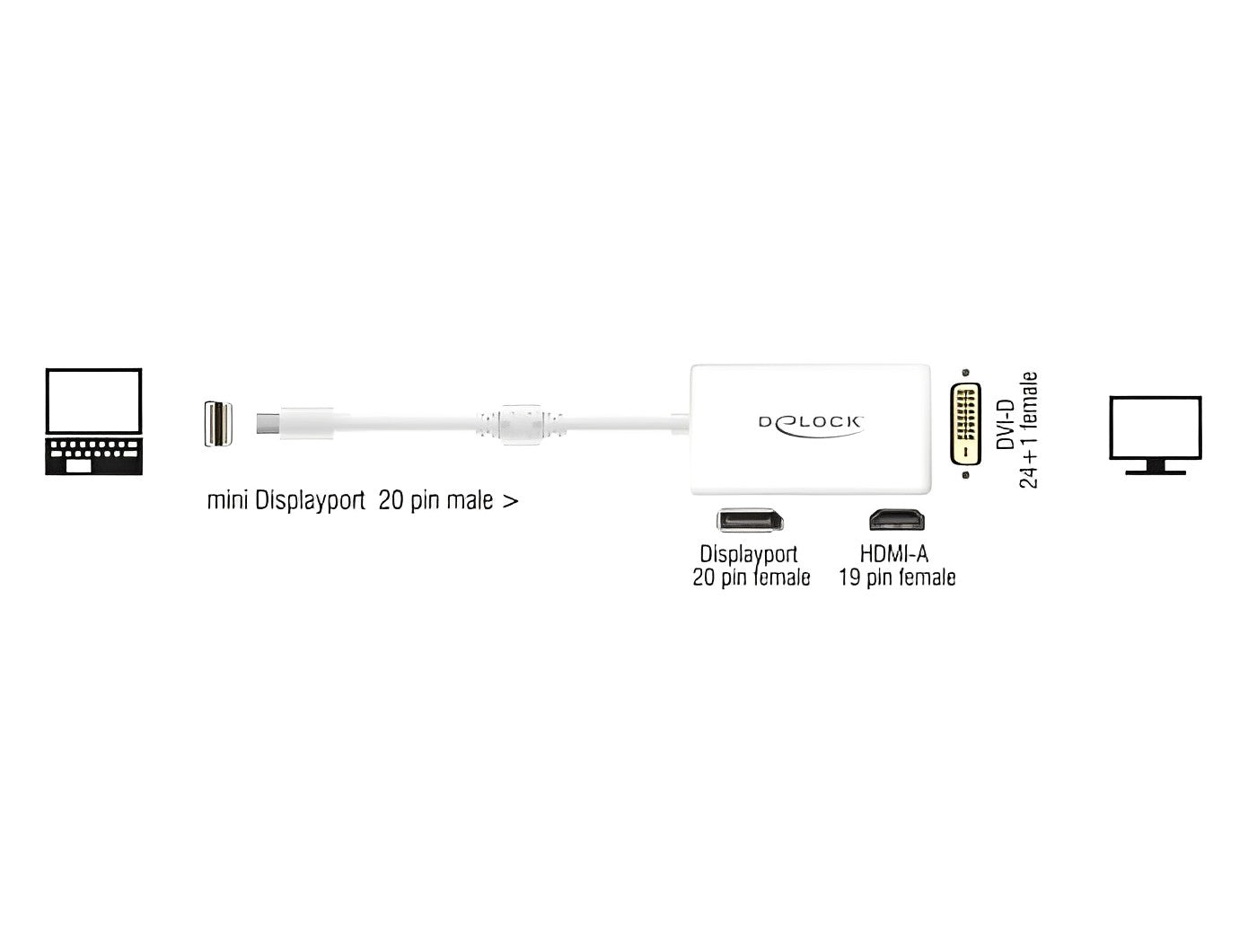 מתאם תצוגה מיני DisplayPort לחיבור מסך DisplayPort / HDMI / DVI - delock.israel