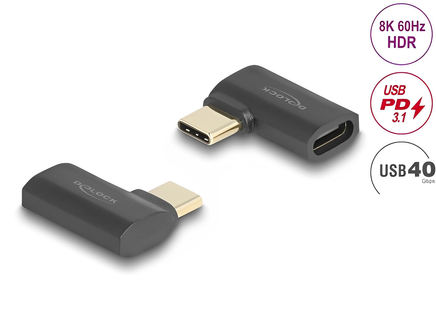 מתאם USB-C 40 Gbps 8K 60 Hz ז/נ בזווית 90° תומך PD 3.1 240 W - delock.israel