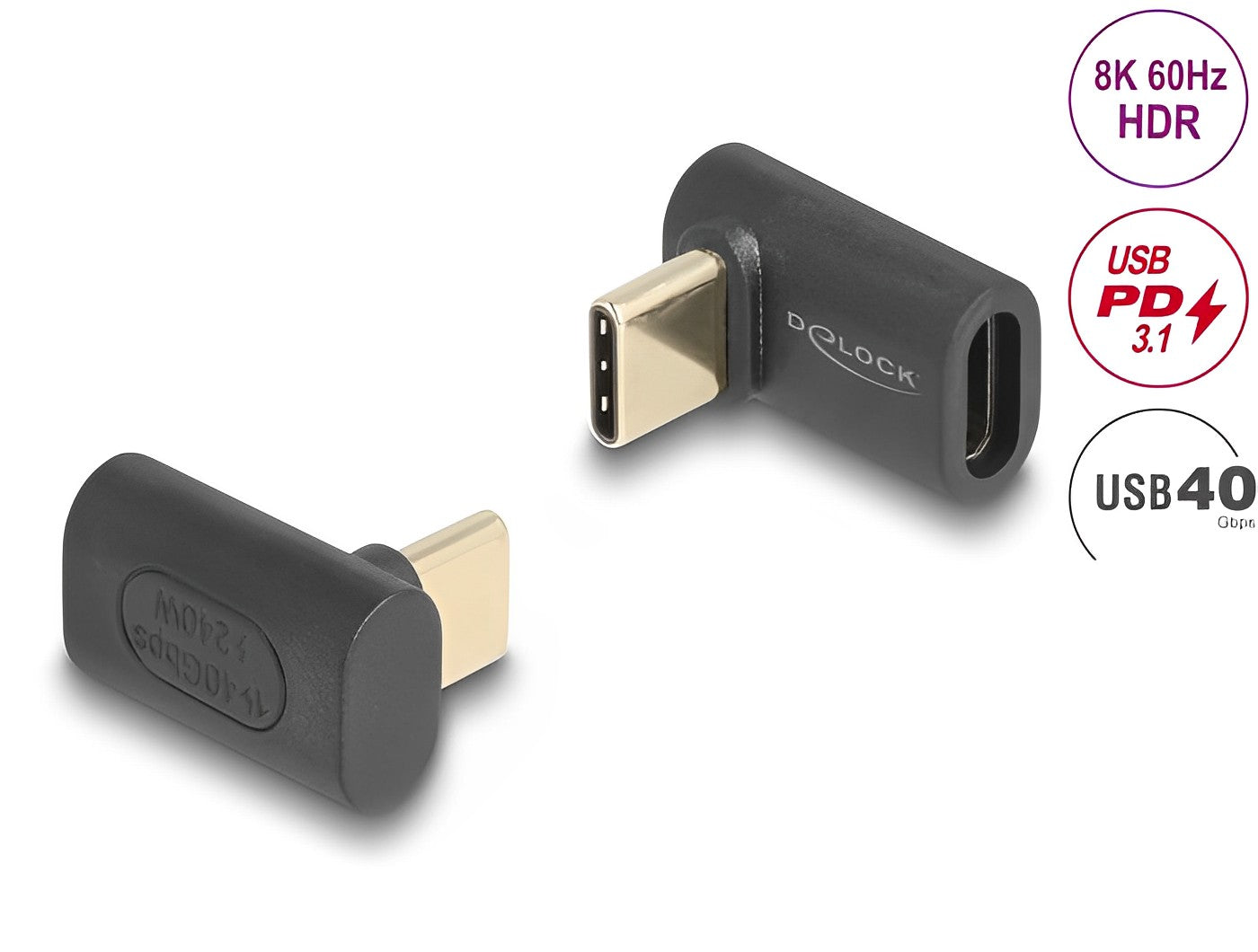 מתאם USB-C 40 Gbps 8K 60 Hz ז/נ בזווית 90° תומך PD 3.1 240 W - delock.israel