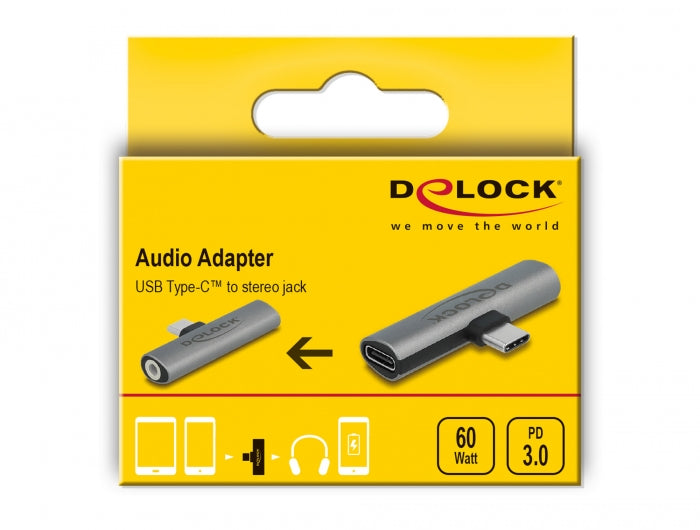 מתאם שמע תקע USB-C לשקע pl 3.5 סטריאו 4 מגעים תומך PD 3.0 60W - delock.israel