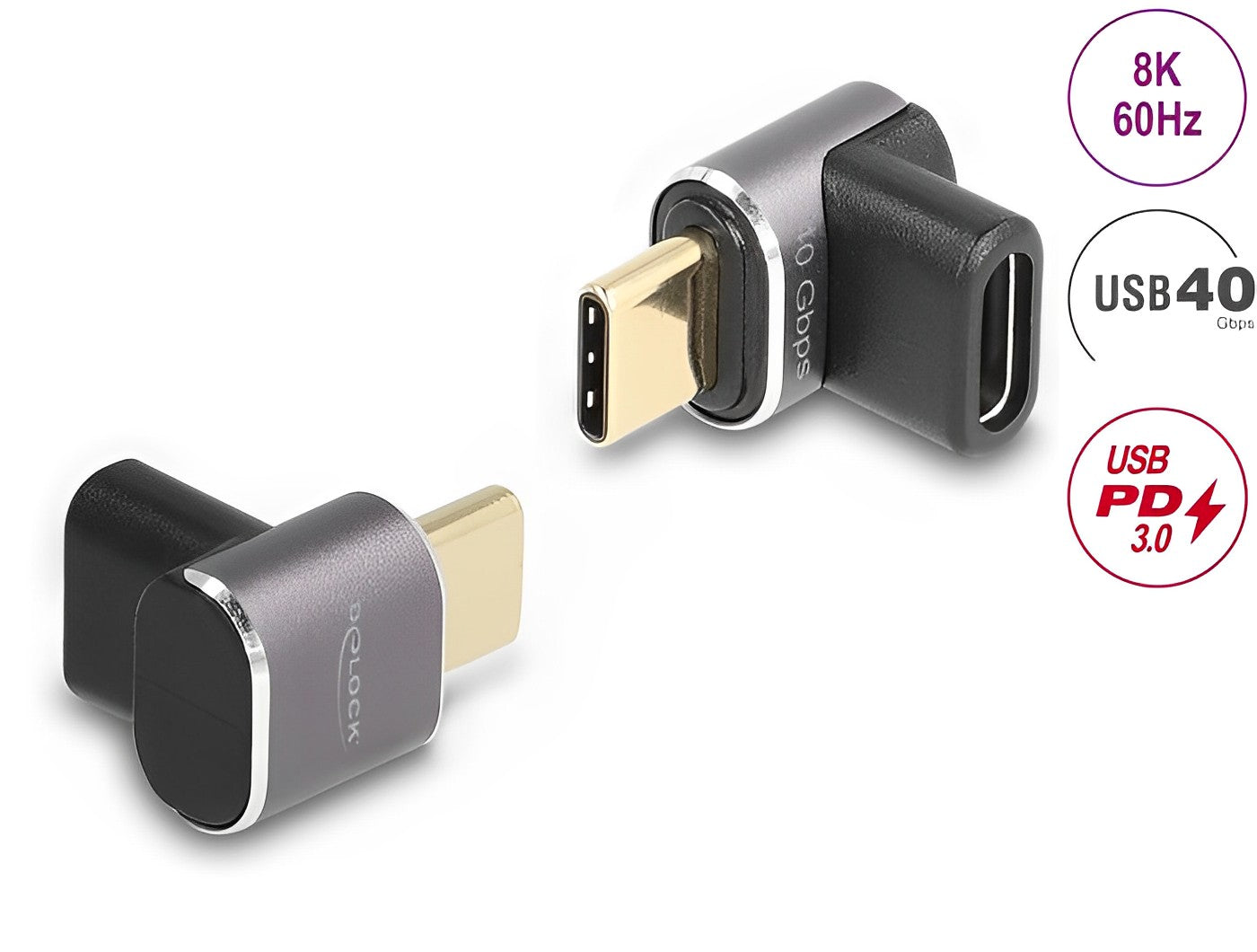 מתאם USB-C 40 Gbps 8K 60 Hz ז/נ בזווית 90° תומך PD 3.0 100 W - delock.israel