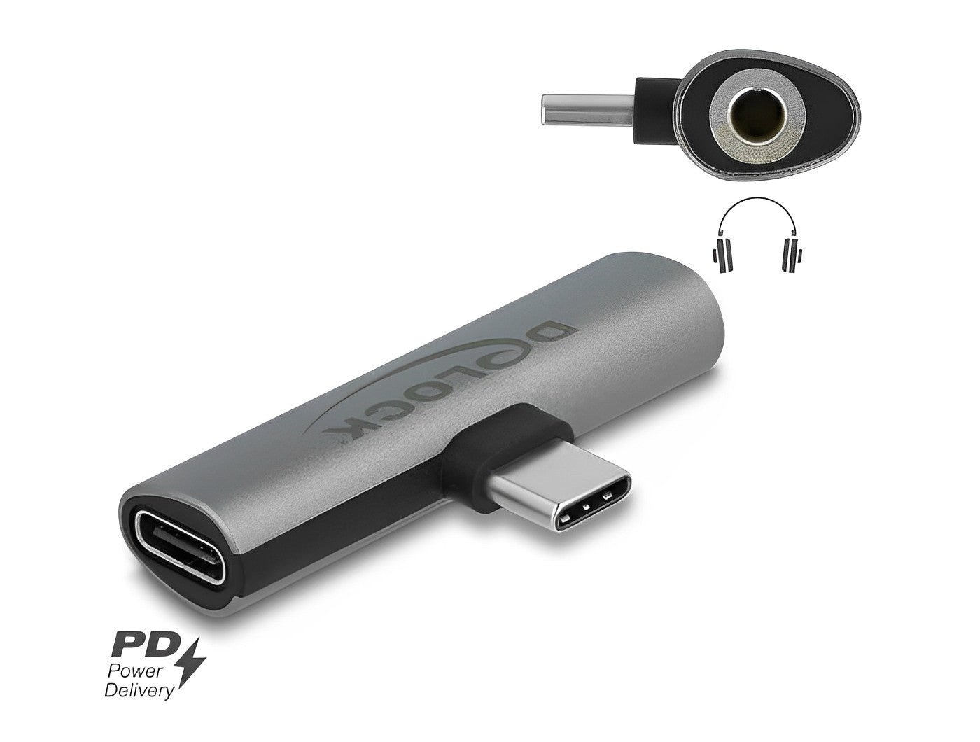 מתאם שמע תקע USB-C לשקע pl 3.5 סטריאו 4 מגעים תומך PD 3.0 60W - delock.israel