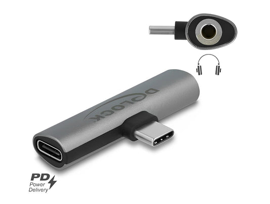 מתאם שמע תקע USB-C לשקע pl 3.5 סטריאו 4 מגעים תומך PD 3.0 60W - delock.israel