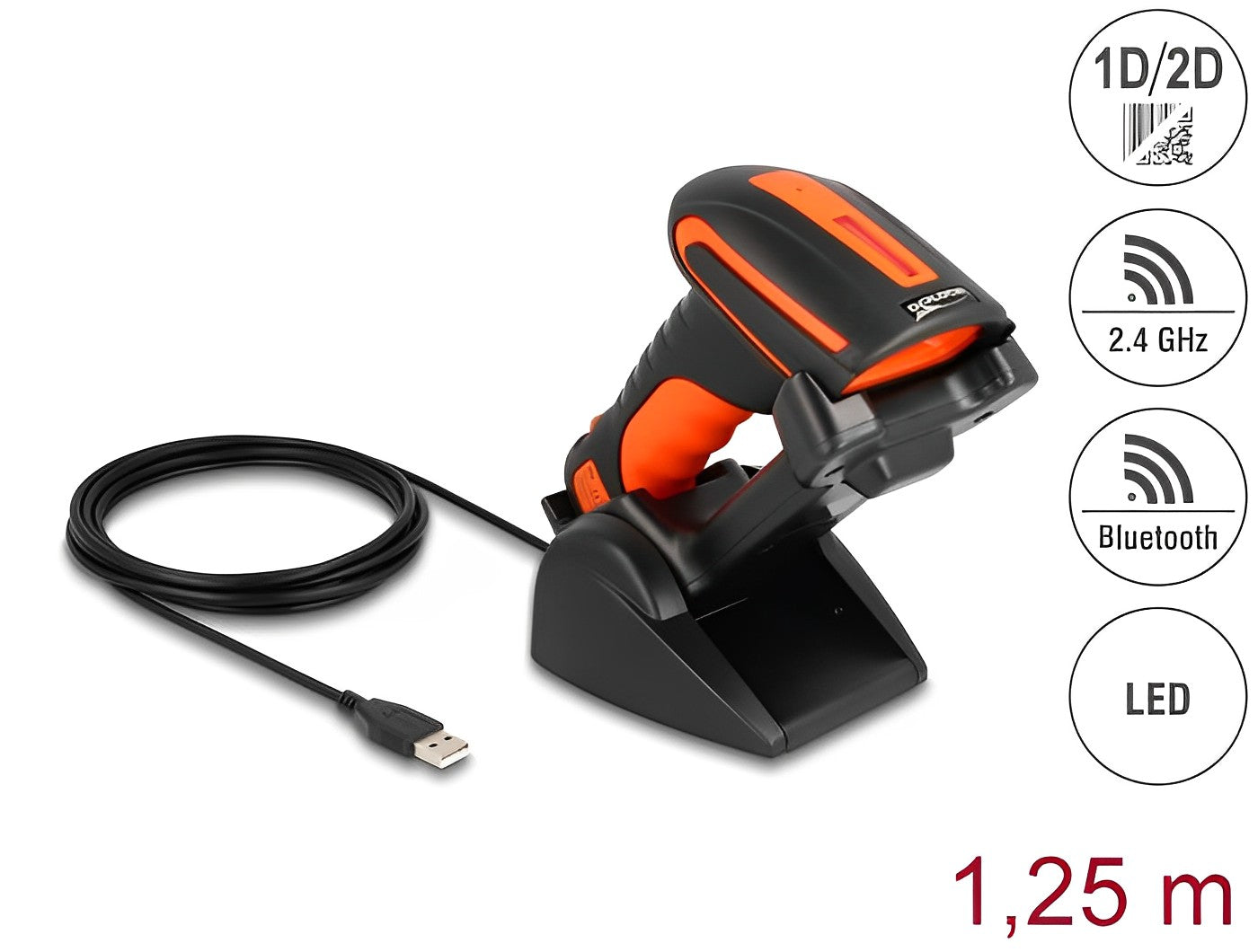 קורא ברקוד תעשייתי אלחוטי Industrial Barcode Scanner 1D/2D Wireless 2.4GHz/Bluetooth עם עמדת טעינה אינדוקטיבית - delock.israel