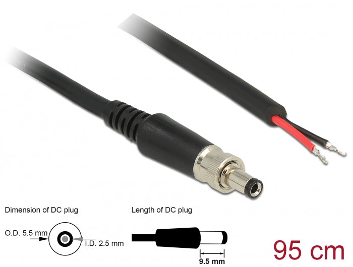 כבל חשמל תקע DC 5.5x2.5 ניתן להברגה ל- 2 גידים פתוחים אורך 95 ס"מ - delock.israel