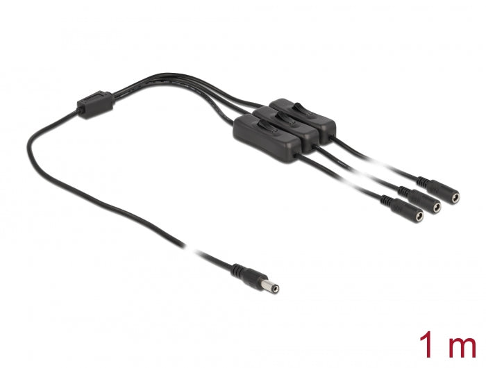 כבל מפצל חשמל תקע DC 5.5x2.1 ל- 3 שקעים DC 5.5x2.1 + מפסקים אורך 1 מטר - delock.israel