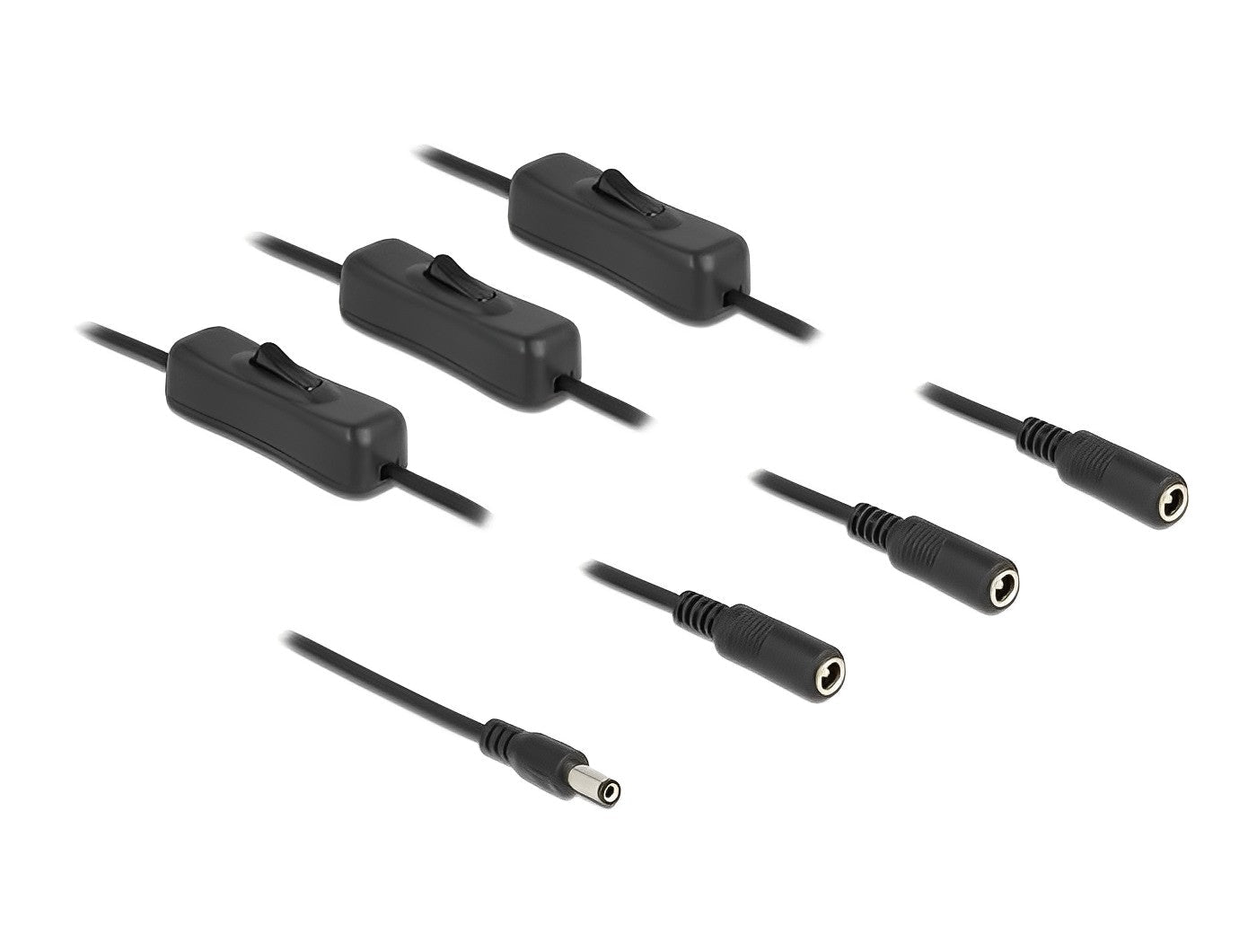 כבל מפצל חשמל תקע DC 5.5x2.1 ל- 3 שקעים DC 5.5x2.1 + מפסקים אורך 1 מטר - delock.israel