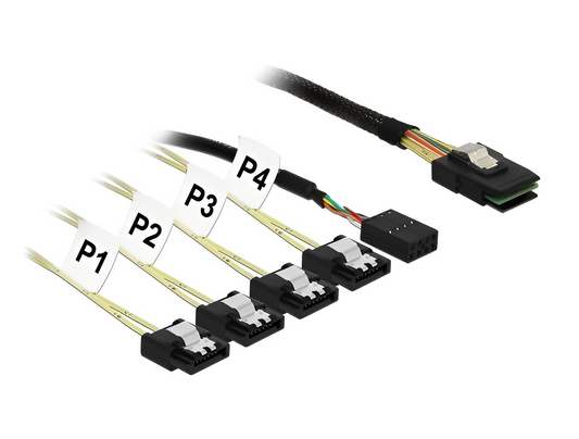 כבל Mini SAS SFF-8087 ל-Sideband + SATA 7 pin Reverse x 4 - delock.israel