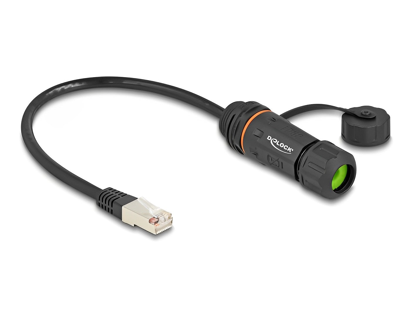כבל רשת מסוכך RJ45 Cat.6A IP68 ז/נ + מגן להתקנה בקדח עגול עם הברגה M20 - delock.israel