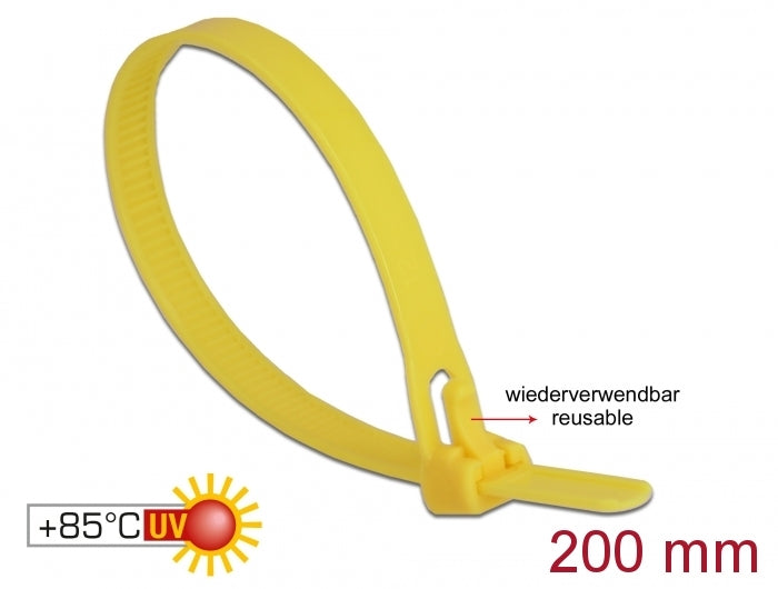 Delock Cable ties reusable heat-resistant L 200 x W 7.5 mm 100 pieces yellow - delock.israel