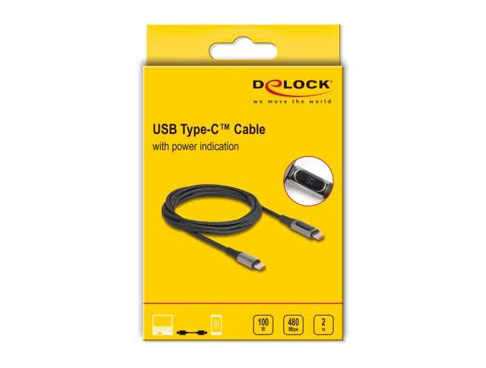 כבל טעינה מהירה עם צג USB-C 2.0 ז/ז תומך PD 3.0 100 W אורך 2 מטר - delock.israel