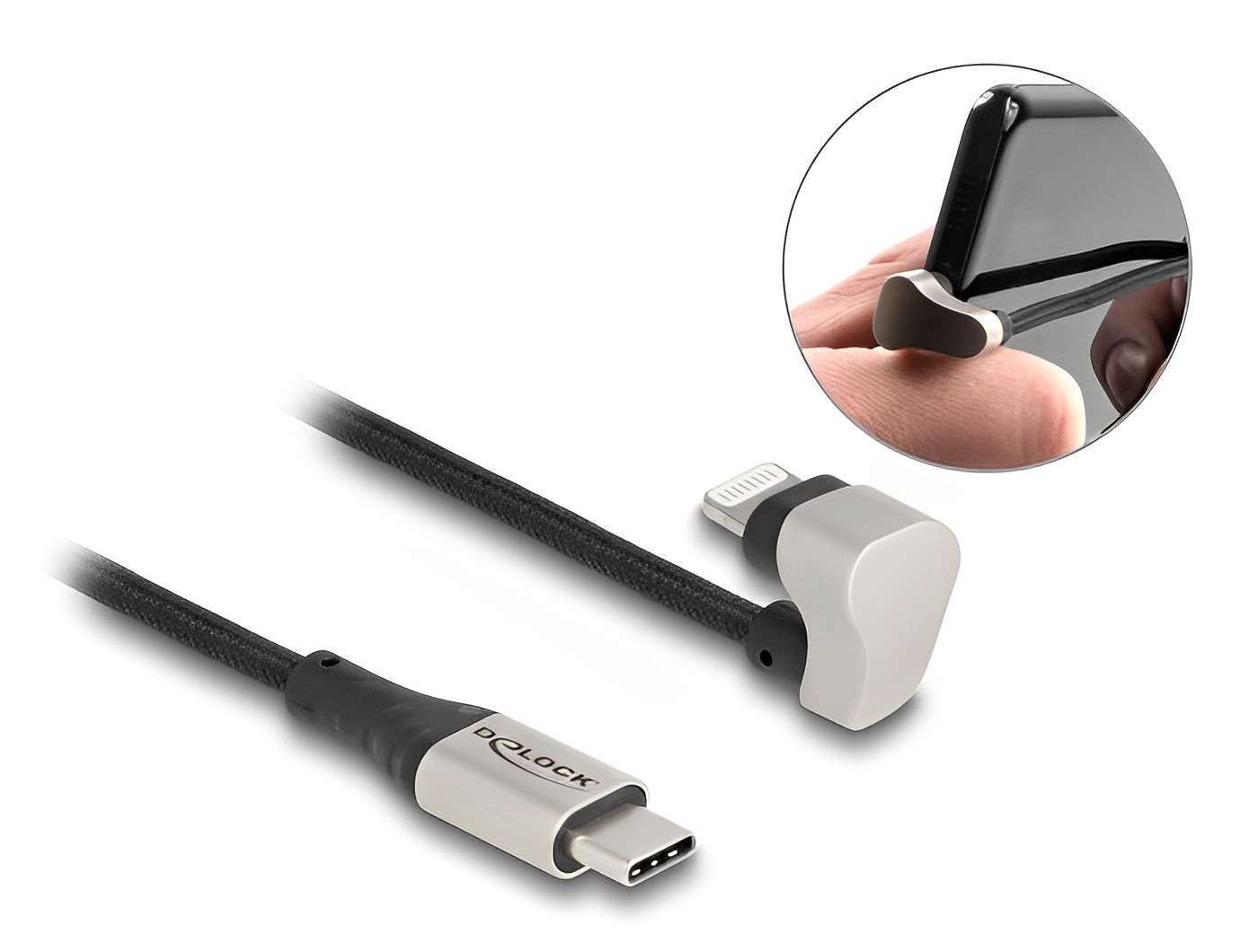 כבל iPhone גיימינג תקע USB-C 2.0 לתקע Lightning MFi בזווית 180° תומך PD 9V / 3A - delock.israel