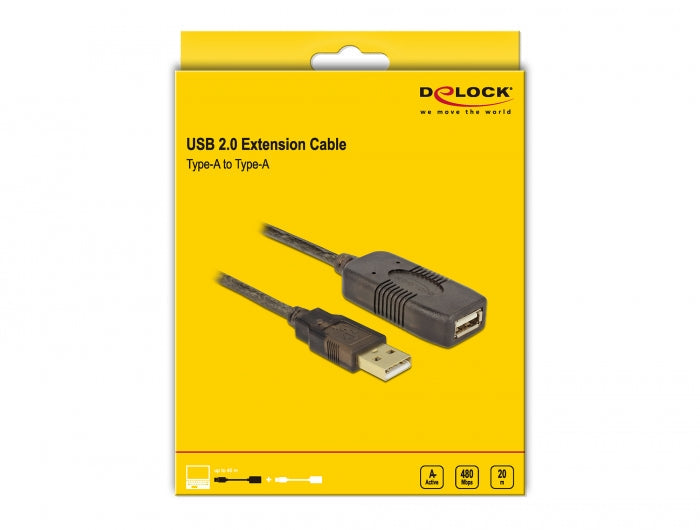 כבל מאריך אקטיבי USB-A 2.0 ז/נ אורך 20 מטר - delock.israel