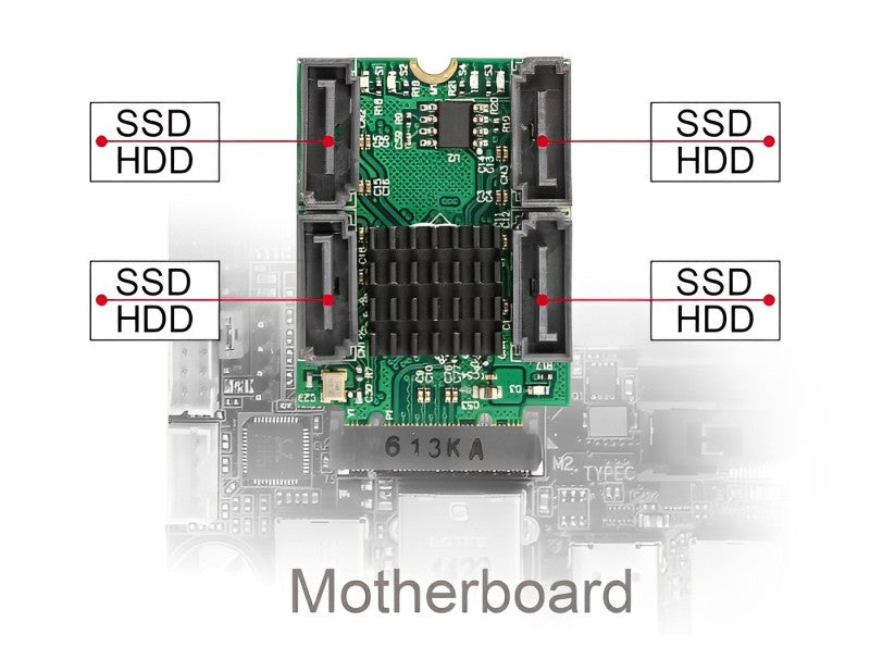 ממיר M.2 Key B+M ל- 4 יציאות SATA תומך RAID ו-HyperDuo - delock.israel