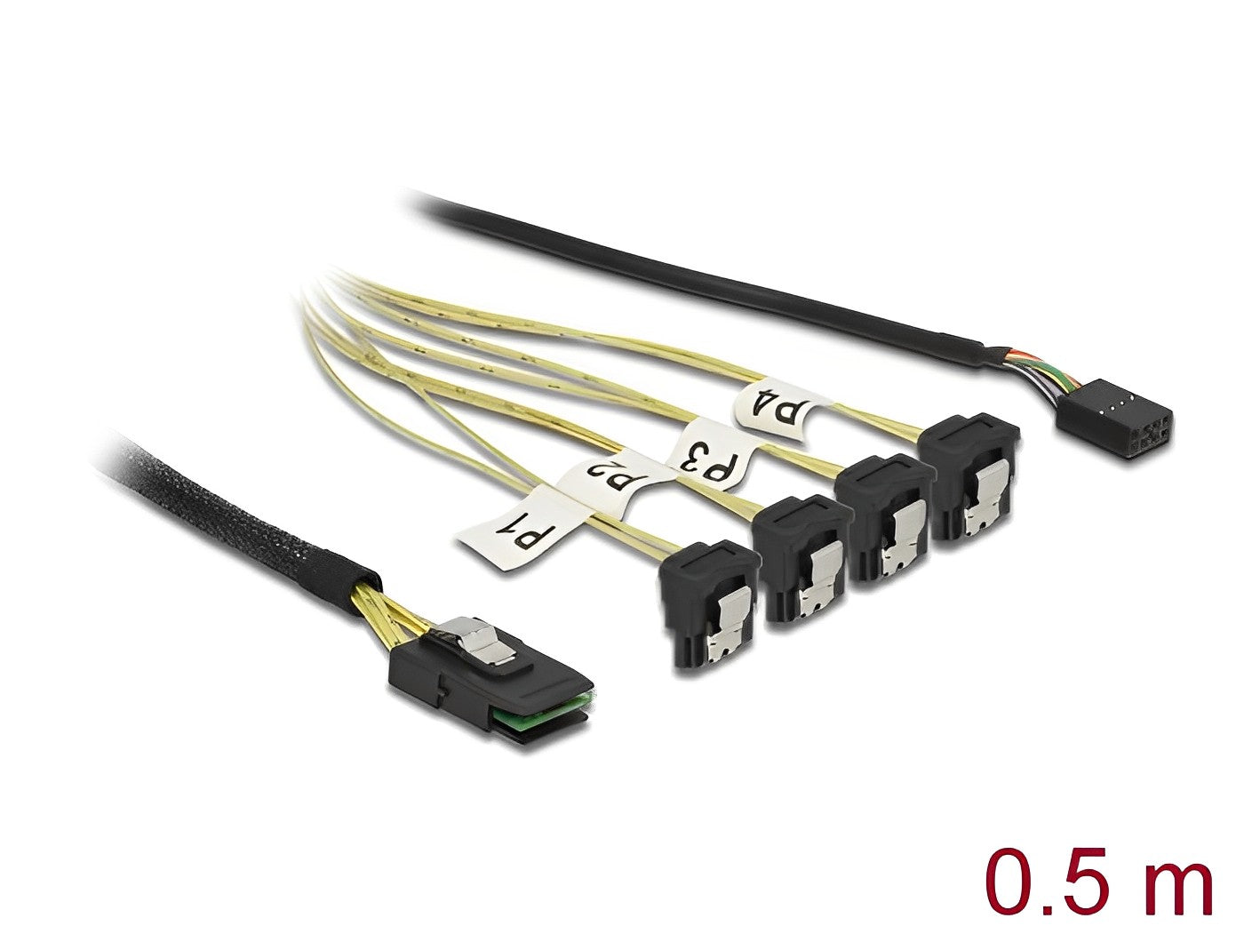 כבל Mini SAS SFF-8087 ל- SATA 7 pin x 4 בזווית 90° + Sideband אורך 0.5 מטר - delock.israel