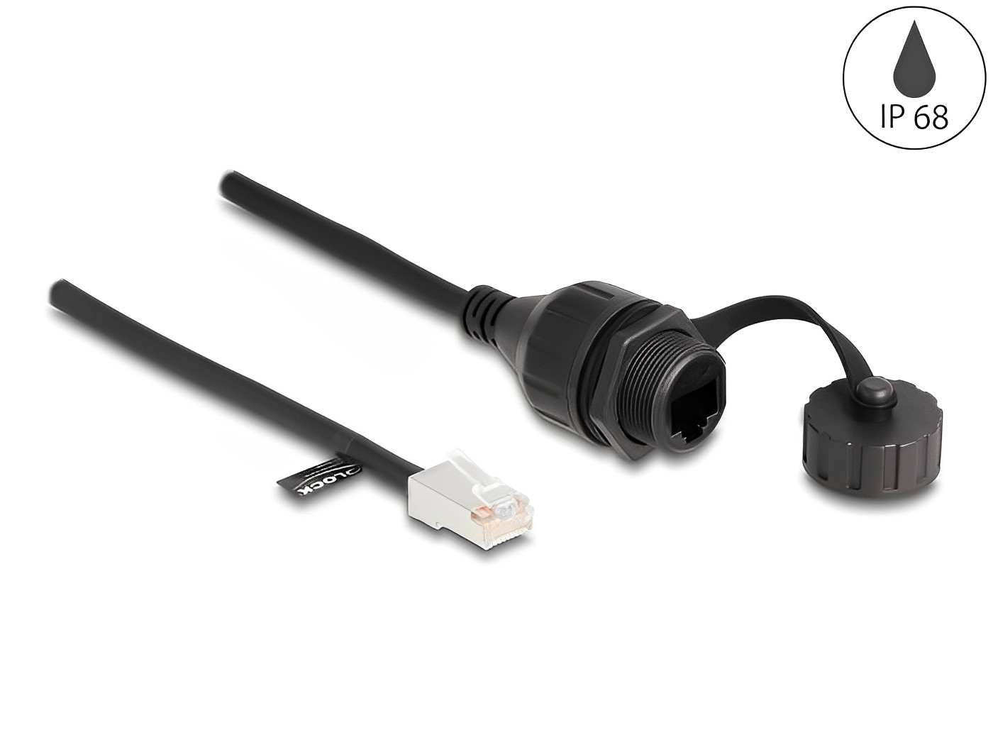 כבל רשת מסוכך RJ45 Cat.5e FTP ז/ז להתקנה בקדח עגול עם מכסה אטום נגד מים IP68 - delock.israel