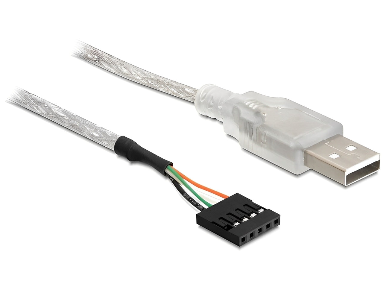 כבל USB 2.0 מבית Delock גרמניה מאפשר חיבור התקן עם ממשק USB למחבר פנימי (pin header) בלוח האם בתצורת 5 פינים ובמרווח של 2.54 מ"מ