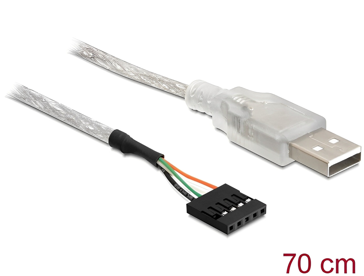 כבל USB 2.0 מבית Delock גרמניה מאפשר חיבור התקן עם ממשק USB למחבר פנימי (pin header) בלוח האם בתצורת 5 פינים ובמרווח של 2.54 מ"מ