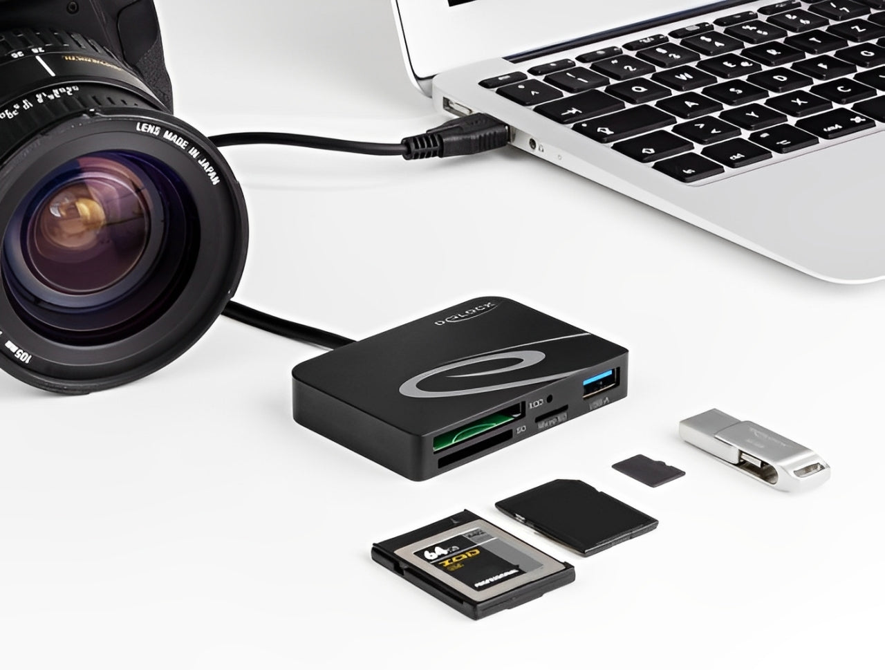 קורא כרטיסים USB 3.0 מבית DELOCK גרמניה מאפשר קריאה וכתיבה מהירה של כרטיסי זיכרון XQD, SD ו-Micro SD