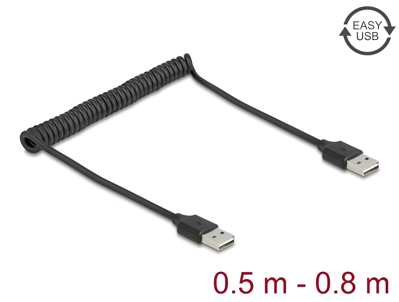 כבל מסולסל EASY-USB 2.0 מבית Delock גרמניה מאפשר חיבור בין מכשיר עם מחבר USB-A למחשב אישי או נייד עם חיבור USB-A פנוי - delock.israel