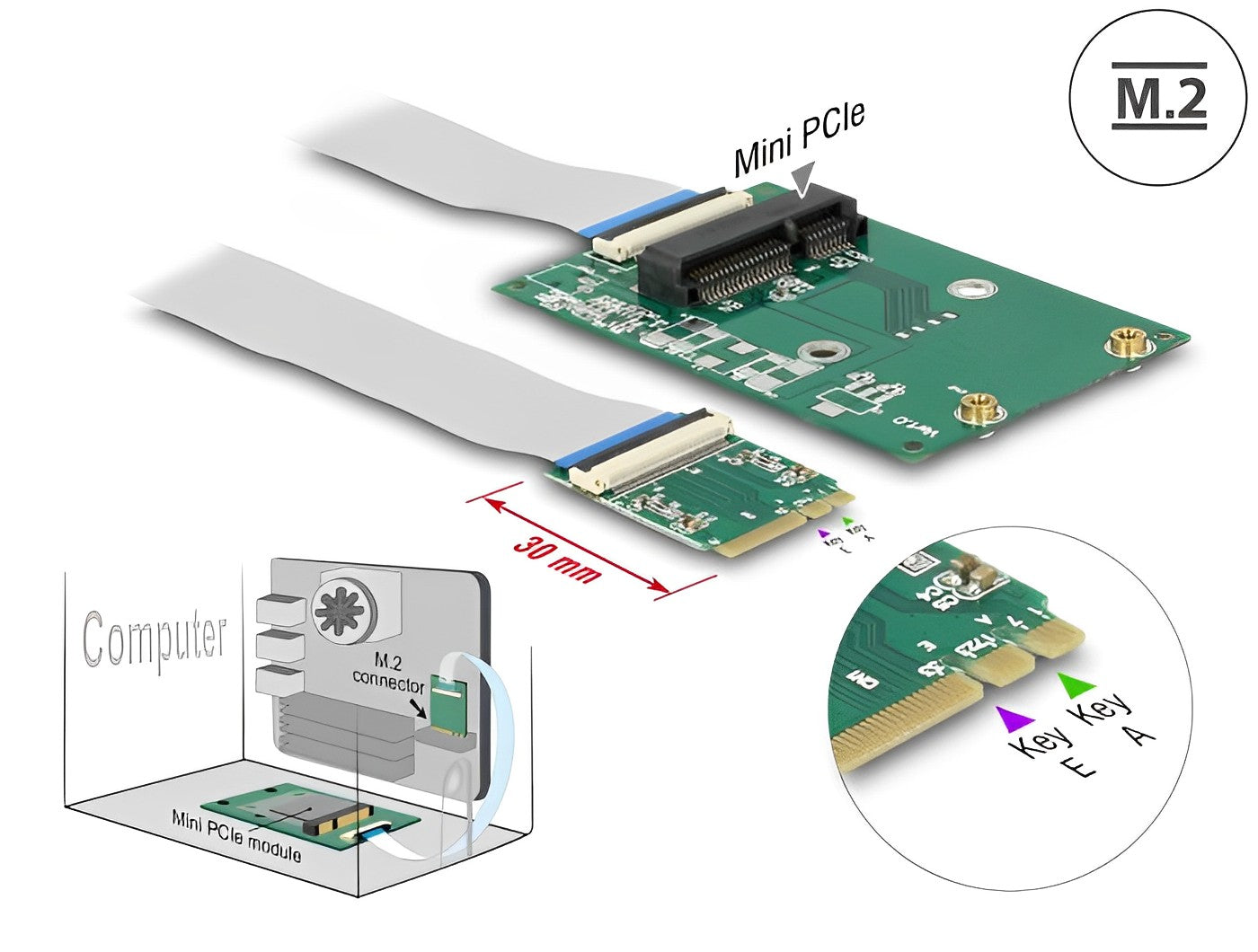 Delock Converter M.2 Key A+E male > 1 x Mini PCIe Slot half size / full size with flexible cable - delock.israel