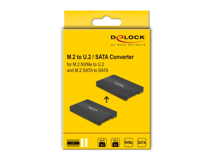 ממיר 2.5″ מבית Delock גרמניה מאפשר התקנה של כונן M.2 PCIe NVMe עם Key M או כונן SATA M.2 עם Key B בפורמטים 2280, 2260, 2242 ו־2230