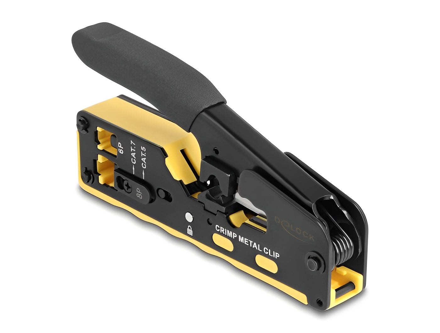 לוחץ מקצועי RJ45 מבית Delock גרמניה מתאים להלחצת תקעים RJ45/RJ11 עם פתיחה קדמית