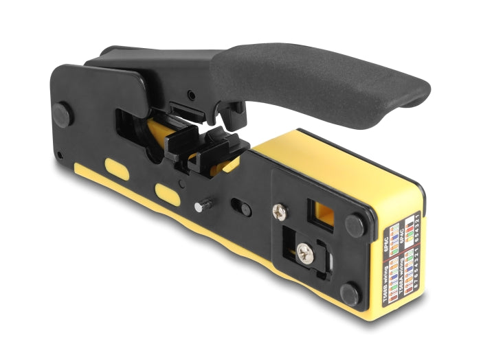 לוחץ מקצועי RJ45 מבית Delock גרמניה מתאים להלחצת תקעים RJ45/RJ11 עם פתיחה קדמית
