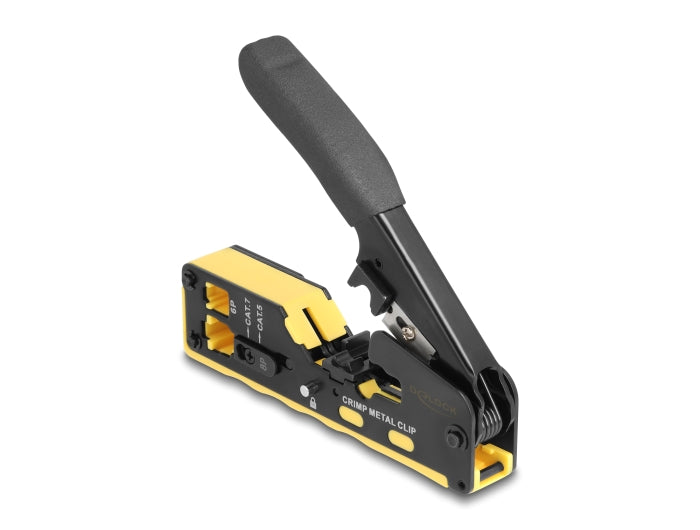 לוחץ מקצועי RJ45 מבית Delock גרמניה מתאים להלחצת תקעים RJ45/RJ11 עם פתיחה קדמית