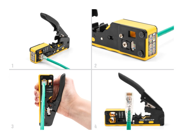 לוחץ מקצועי RJ45 מבית Delock גרמניה מתאים להלחצת תקעים RJ45/RJ11 עם פתיחה קדמית