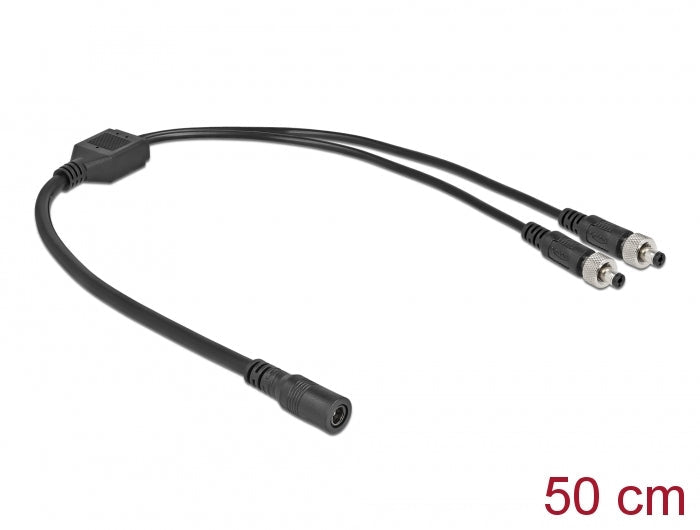 כבל מפצל חשמל שקע DC 5.5x2.1 ל- 2 תקעים DC 5.5x2.1 ניתנים להברגה אורך 50 ס"מ - delock.israel