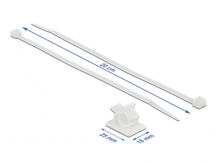 Delock Cable Clamp 25 x 18 mm with Cable Tie L 200 x W 3.6 mm white - delock.israel