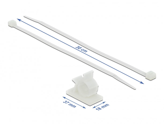 Delock Cable Clamp 37 x 18 mm with Cable Tie L 300 x W 4.8 mm white - delock.israel