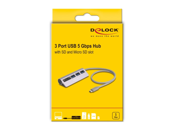 רכזת USB 5Gbps האיכותית מבית Delock גרמניה מגיעה עם מארז מתכת עמיד ומתחברת למחשב דרך חיבור USB USB-C