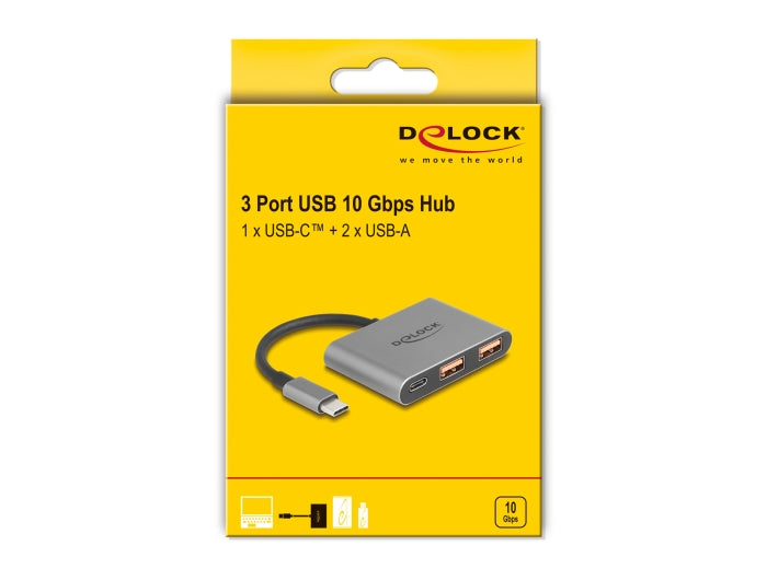 רכזת USB-C 10Gbps האיכותית מבית Delock גרמניה מאפשרת הרחבת חיבורי ה-USB במחשב, בטאבלט או בסמארטפון. היא כוללת 3 יציאות USB, ומאפשרת חיבור התקנים שונים כמו כונני USB, קוראי כרטיסים, מארזים חיצוניים ועוד