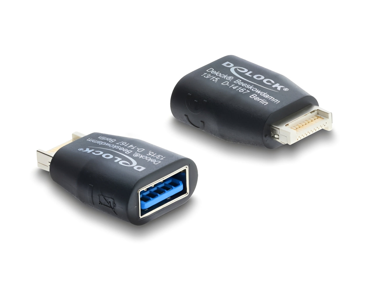 מתאם USB 5Gbps מבית DELOCK גרמניה המאפשר לחבר התקני USB Type-A ישירות ליציאה פנימית בלוח האם מסוג USB 5 Gbps Type-E Key B