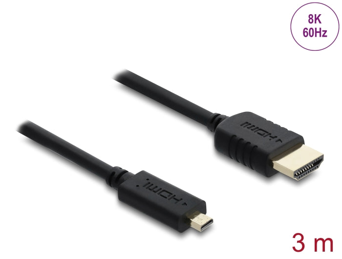 כבל מיקרו High Speed HDMI 8K מבית DELOCK גרמניה מאפשר חיבור בין מצלמה או טאבלט עם ממשק מיקרו HDMI לבין מסך או טלוויזיה עם חיבור HDMI