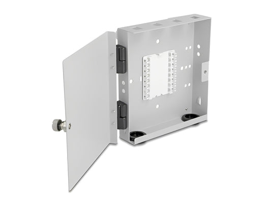 תיבת קיר קומפקטית מבית DELOCK גרמניה מיועדת להתקנות סיבים אופטיים מסוג FTTH (Fiber to the Home) קטנות עד בינוניות בתוך מבנים.