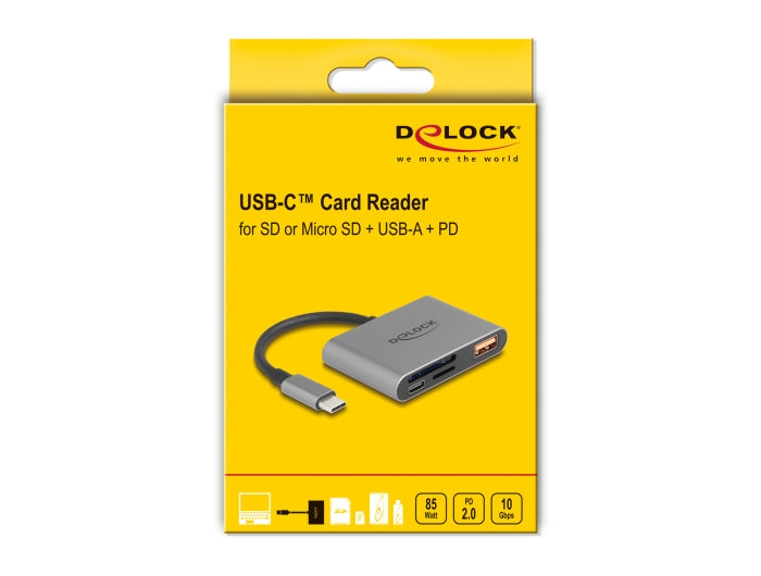 קורא כרטיסים USB Type-C מבית Delock גרמניה מאפשר קריאה וכתיבה של כרטיסי SD ו-Micro SD ומגיע עם מחבר USB-A מובנה, כך שניתן להמשיך להשתמש בהתקני USB גם בזמן חיבור הקורא למחשב. בנוסף, הוא תומך ב-Power Delivery (PD) 2.0 עד 85W, לטעינת מחשבים ניידים, טאבלטים וסמארטפונים בעלי חיבור USB-C או Thunderbolt™ 3/4