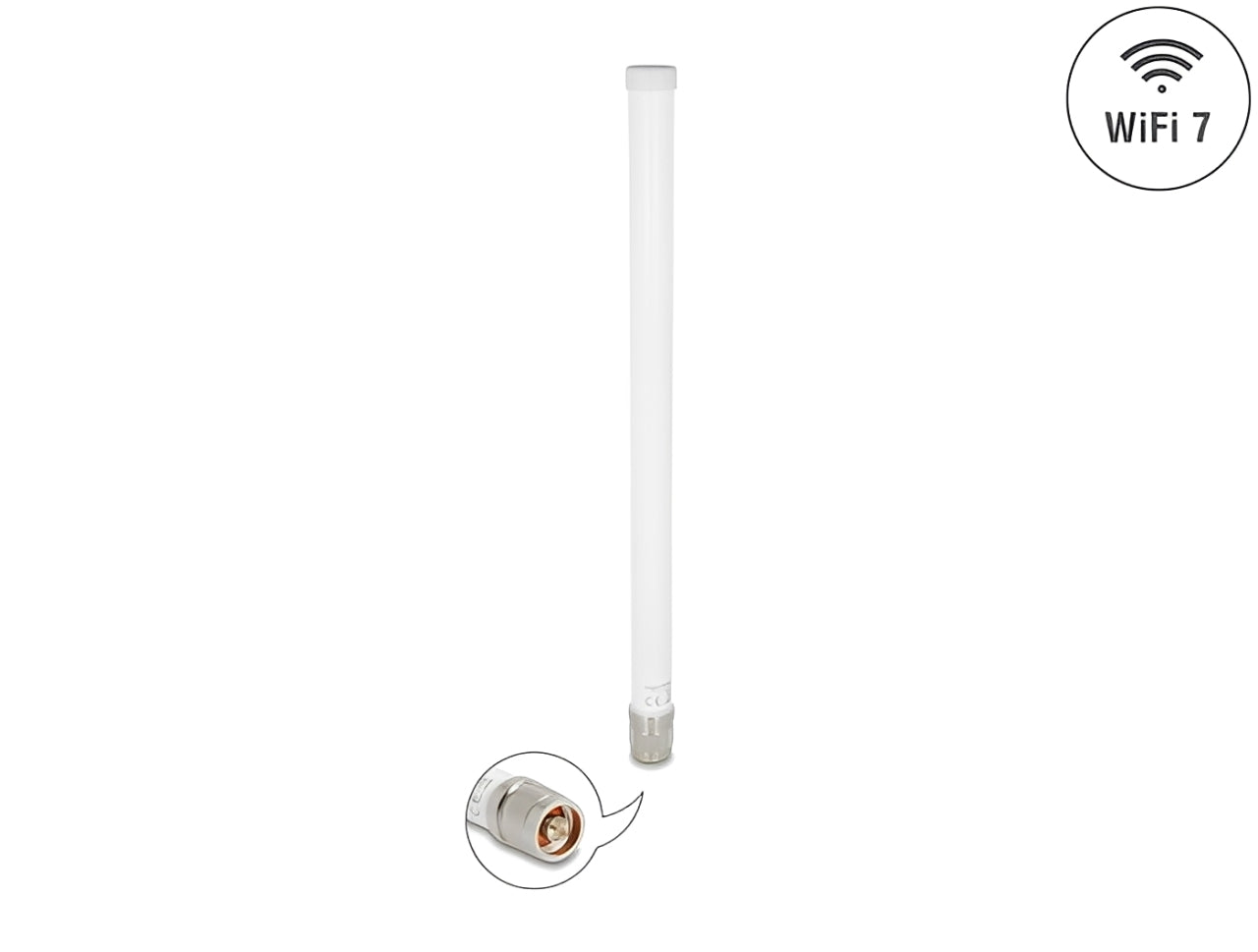 אנטנה חיצונית בתקן WiFi 7 מבית Delock גרמניה מיועדת לחיבור למכשיר WLAN עם ממשק N-TYPE לצורך שידור וקליטת אותות אלחוטיים