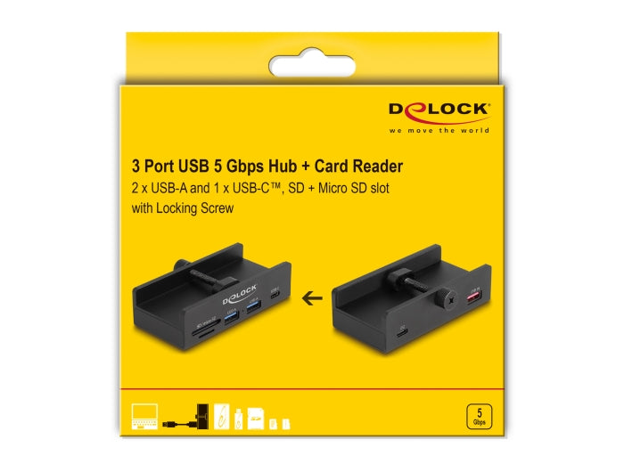 Delock External USB 5 Gbps Hub with 2 x USB Type-A, 1 x USB Type-C™ and SD + Micro SD Slot with Locking Screw - delock.israel