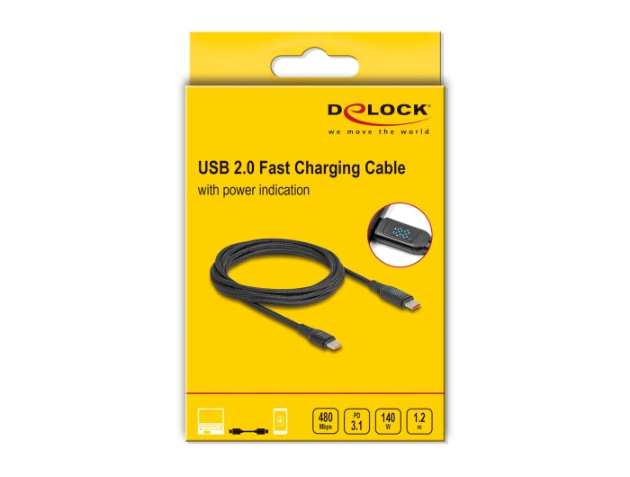 כבל טעינה מהירה עם צג USB-C 2.0 ז/ז תומך PD 3.1 140 W אורך 1.2 מטר - delock.israel