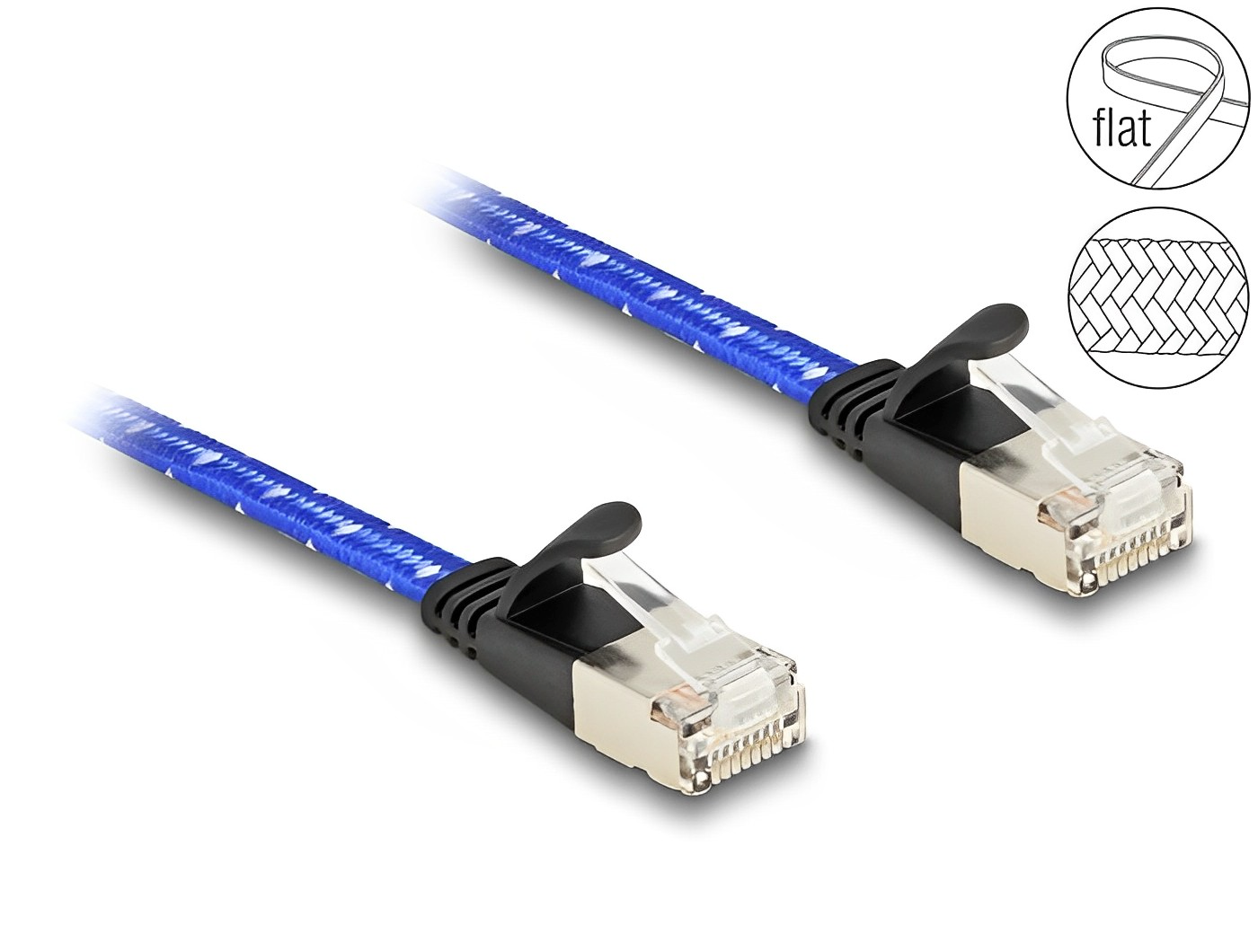 כבל רשת שטוח מסוכך RJ45 Cat.6A U/FTP ז/ז עם ציפוי בד להגנה צבע כחול - delock.israel