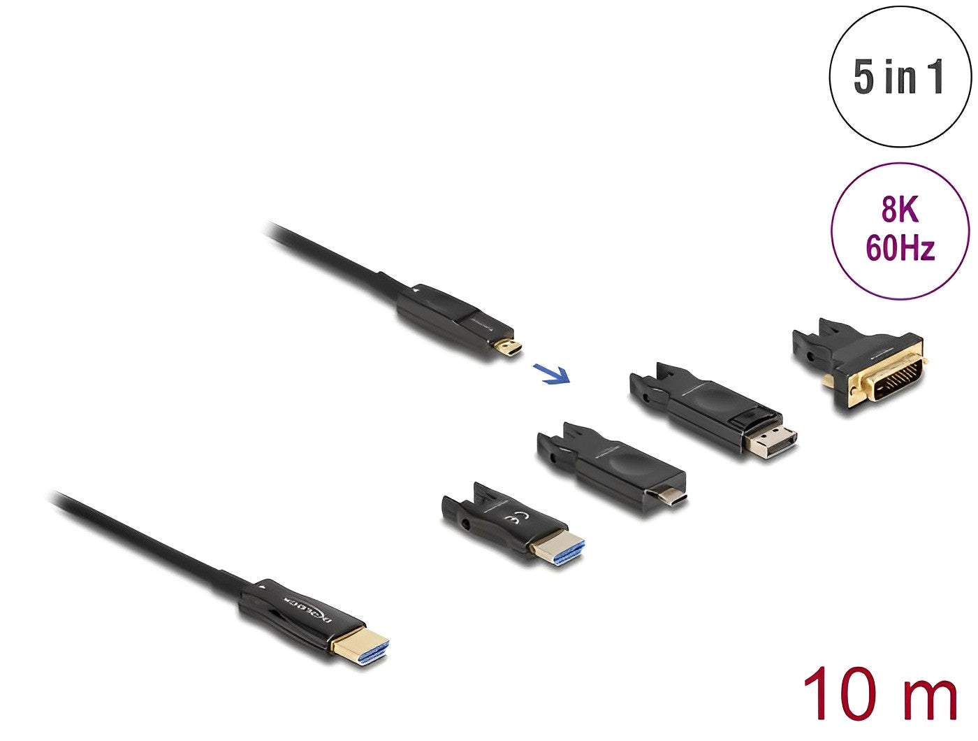 כבל אקטיבי Optical 5 in 1 HDMI 8K 60 Hz ז/ז עם ראשים נשלפים ניתן להשחלה - delock.israel