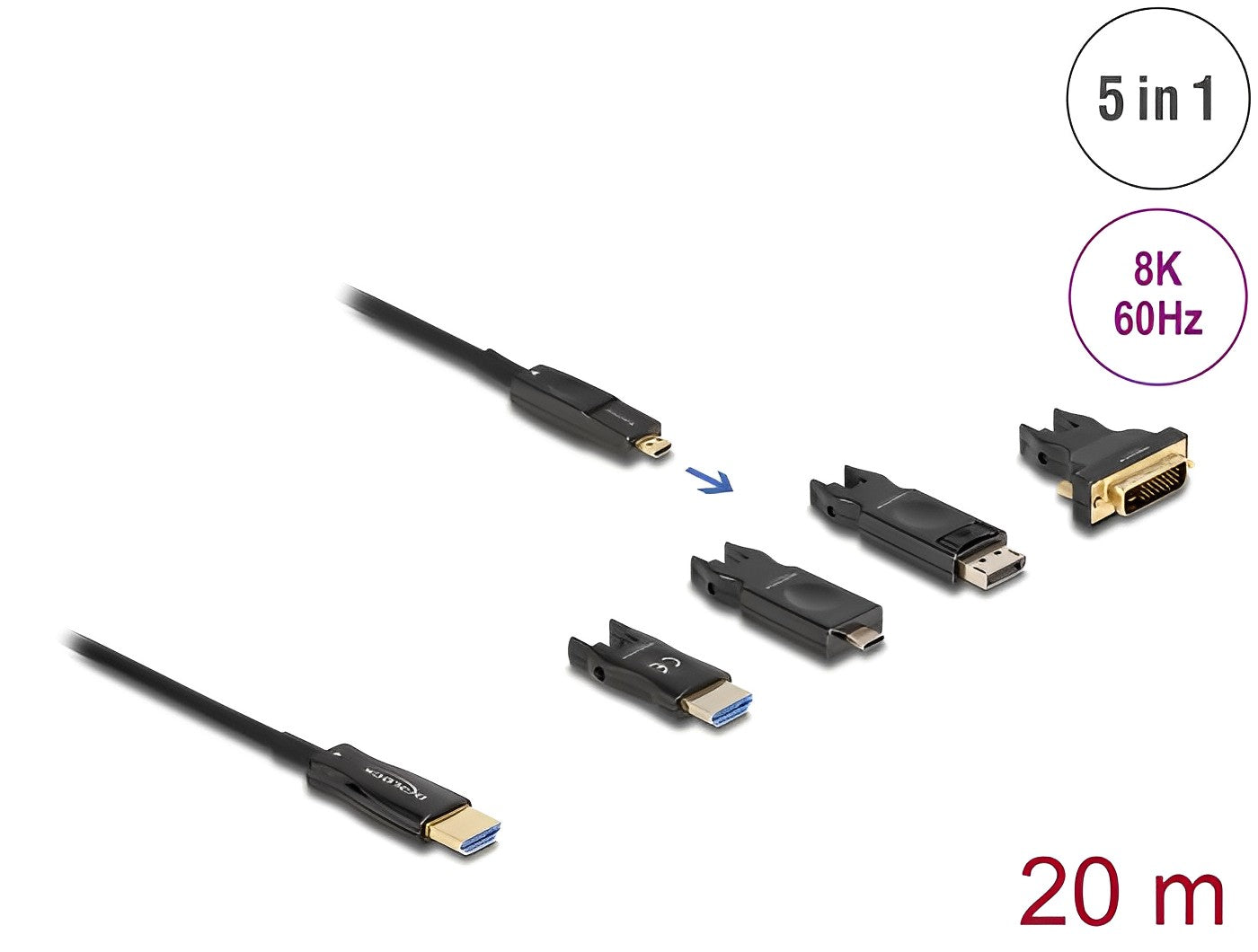 כבל אקטיבי Optical 5 in 1 HDMI 8K 60 Hz ז/ז עם ראשים נשלפים ניתן להשחלה - delock.israel