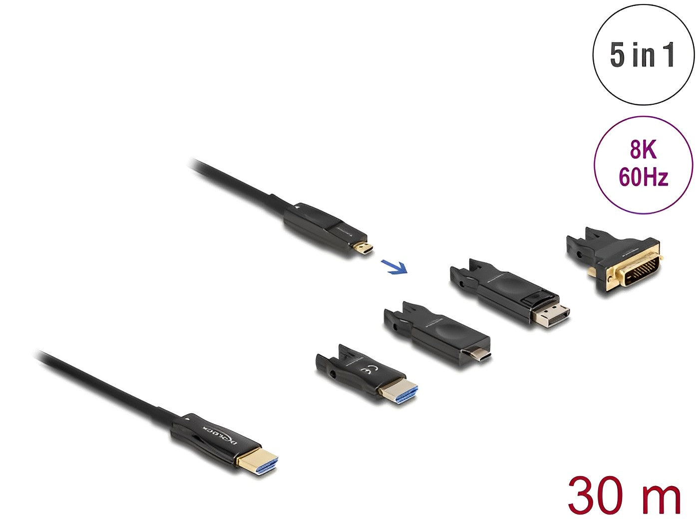 כבל אקטיבי Optical 5 in 1 HDMI 8K 60 Hz ז/ז עם ראשים נשלפים ניתן להשחלה - delock.israel